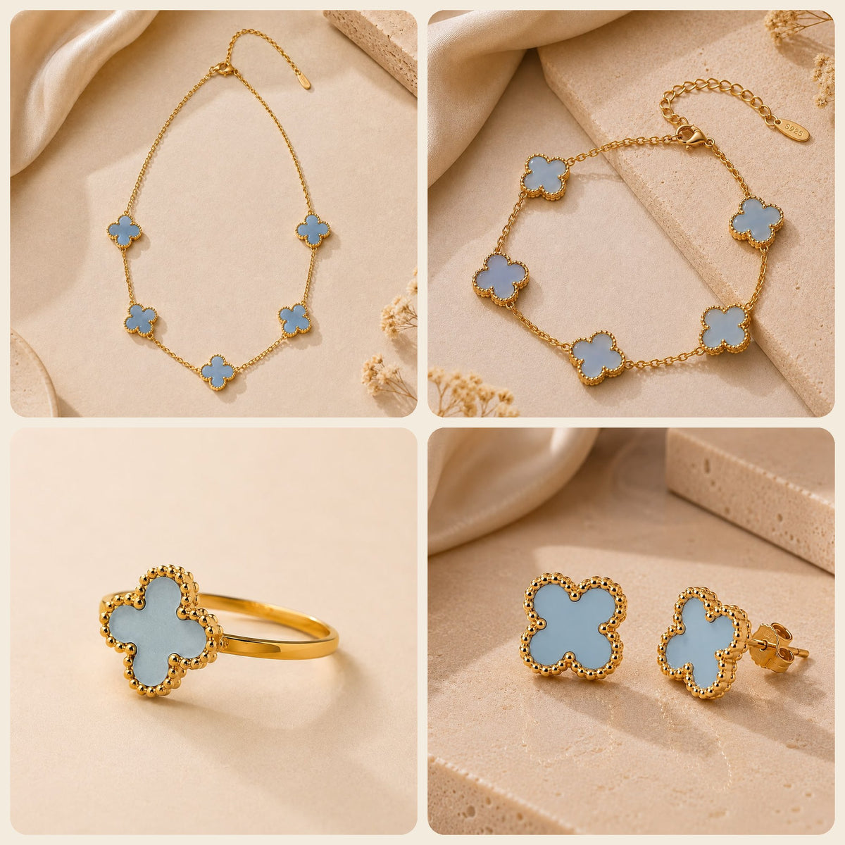 Parure trèfle bleu ciel : collier, bracelet, bague et boucles d'oreilles