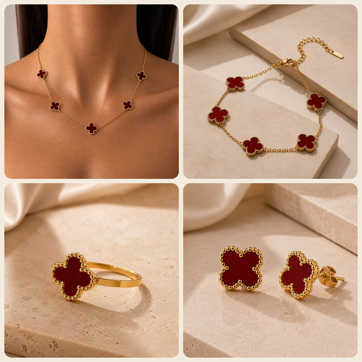 Parure trèfle bordeaux : collier, bracelet, bague et boucles d'oreilles