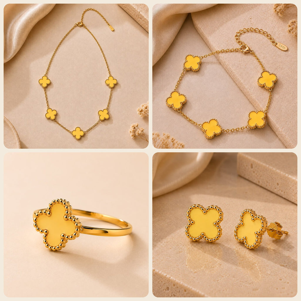 Parure trèfle jaune : collier, bracelet, bague et boucles d'oreilles