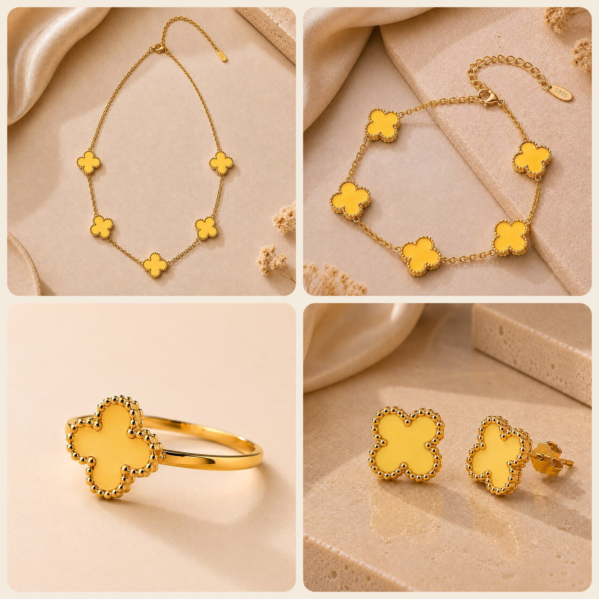 Parure trèfle jaune : collier, bracelet, bague et boucles d'oreilles