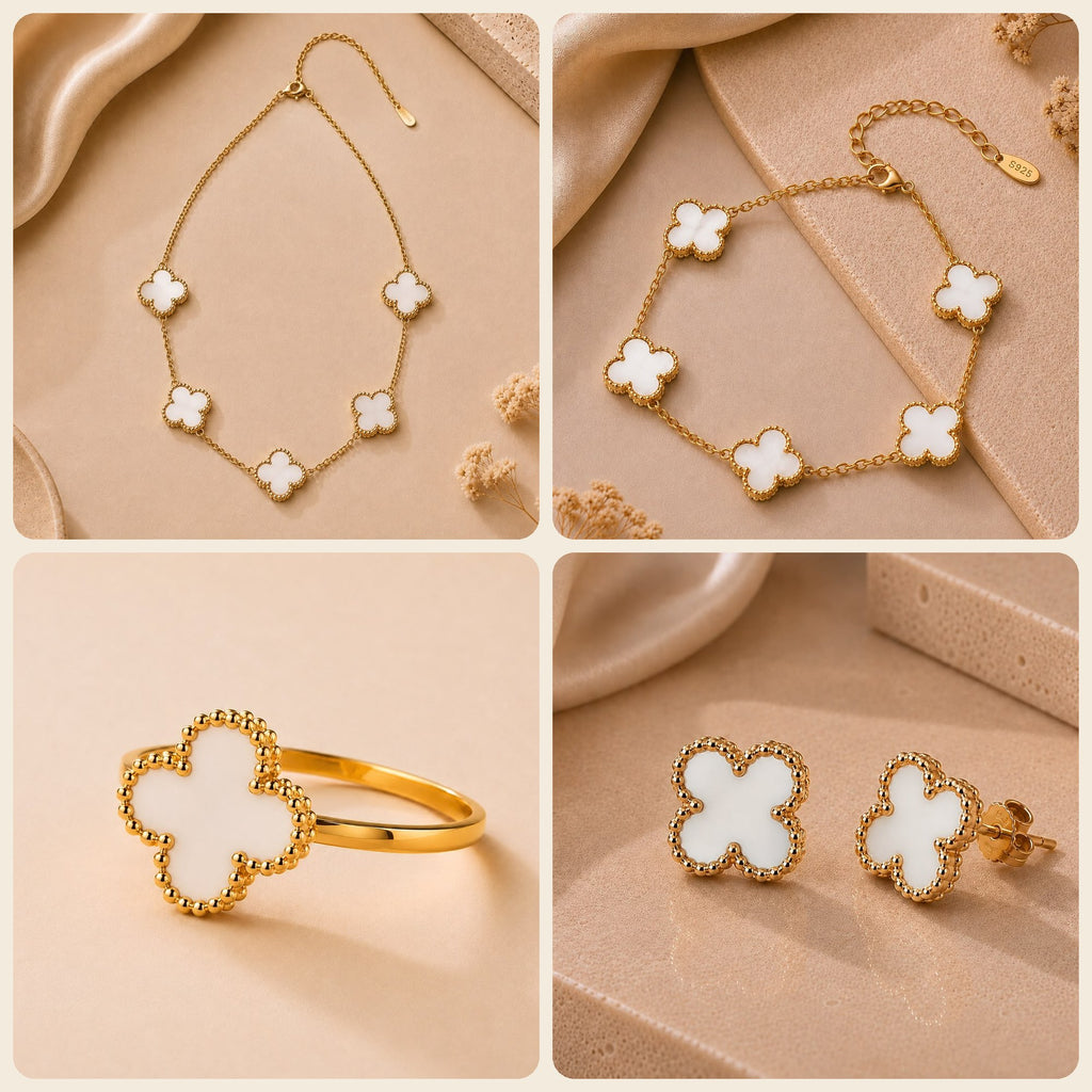 Parure trèfle nacre : collier, bracelet, bague et boucles d'oreilles