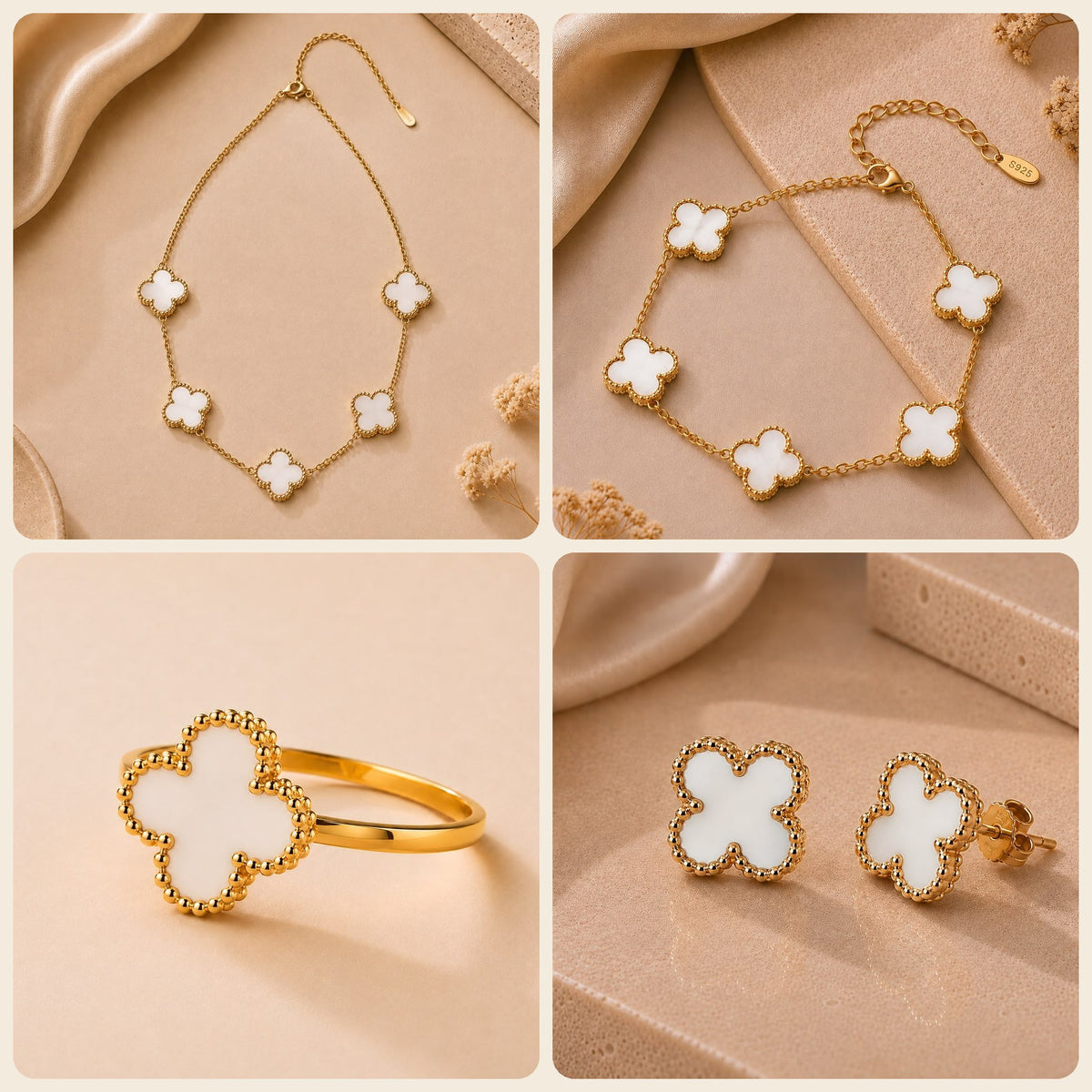 Parure trèfle nacre : collier, bracelet, bague et boucles d'oreilles