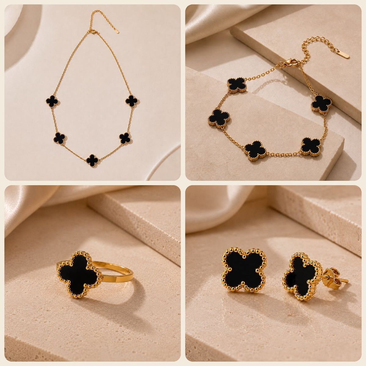 Parure trèfle onyx : collier, bracelet, bague et boucles d'oreilles