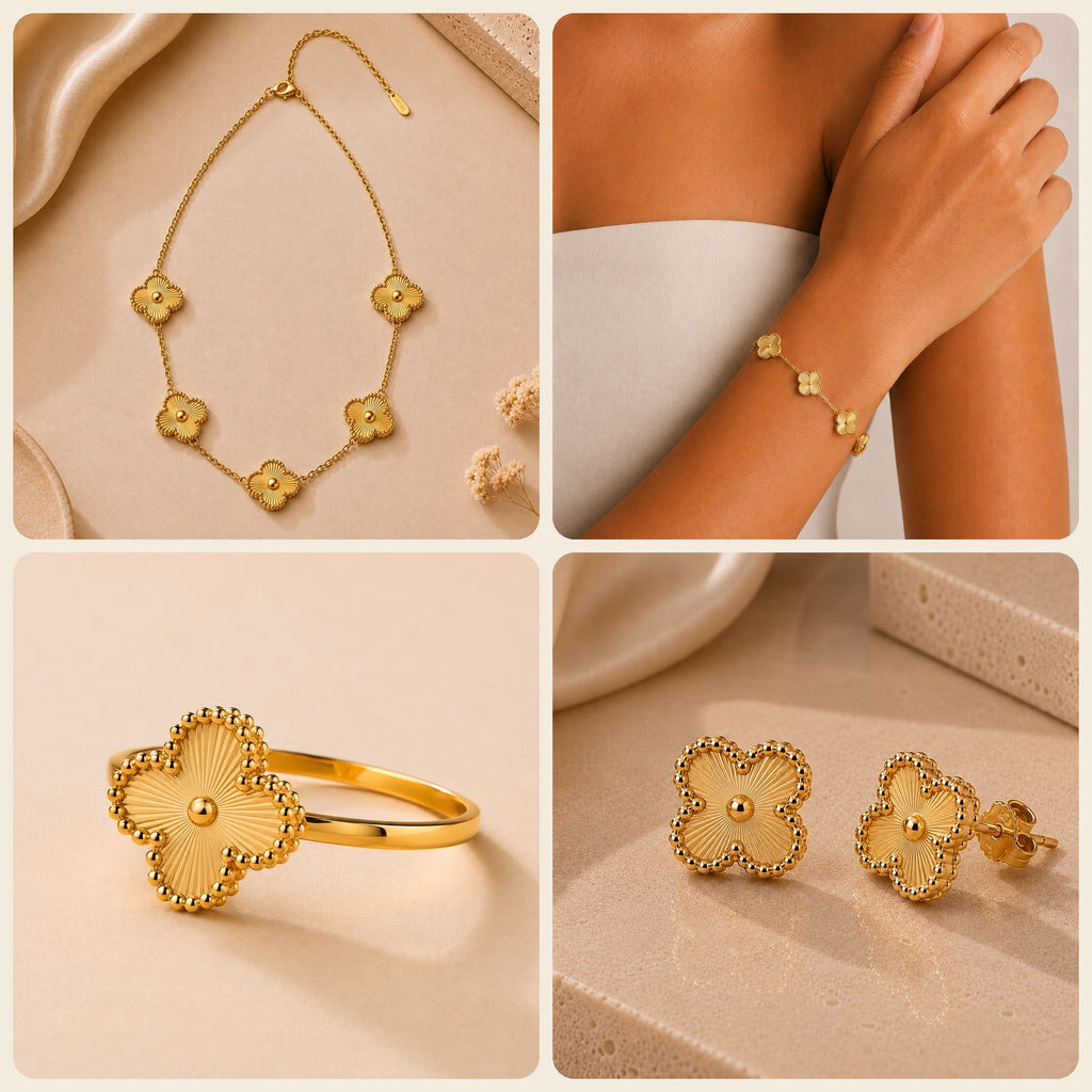 Parure trèfle or : collier, bracelet, bague et boucles d'oreilles