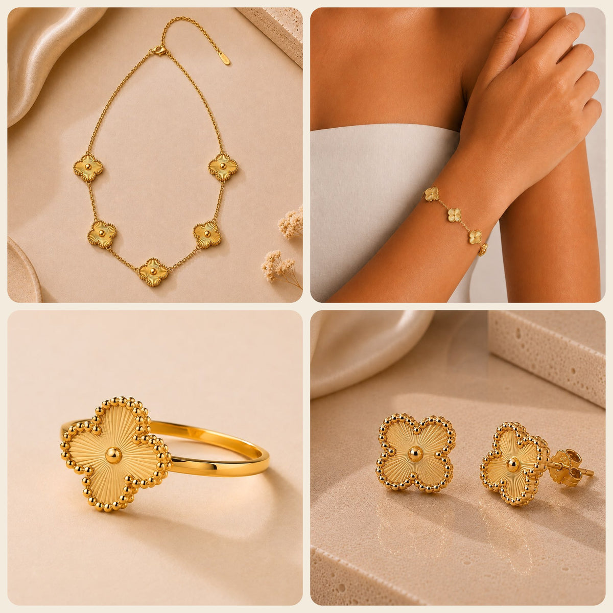 Parure trèfle or : collier, bracelet, bague et boucles d'oreilles