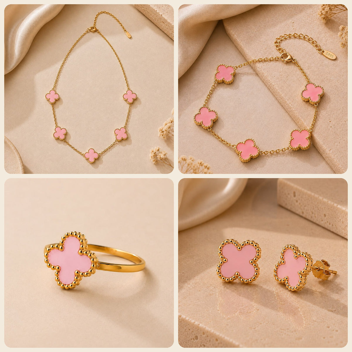 Parure trèfle rose : collier, bracelet, bague et boucles d'oreilles